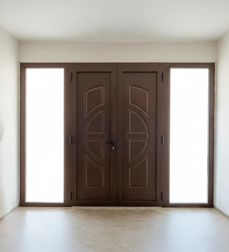 Portoncino in alluminio a taglio termico, arricchito da pannelli bugnati